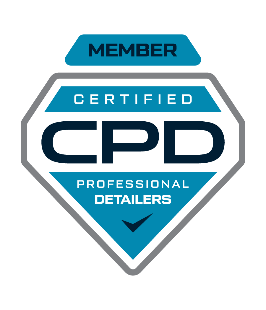 Certified CPD Professional Detailers member badge, blue and gray, diamond shape.