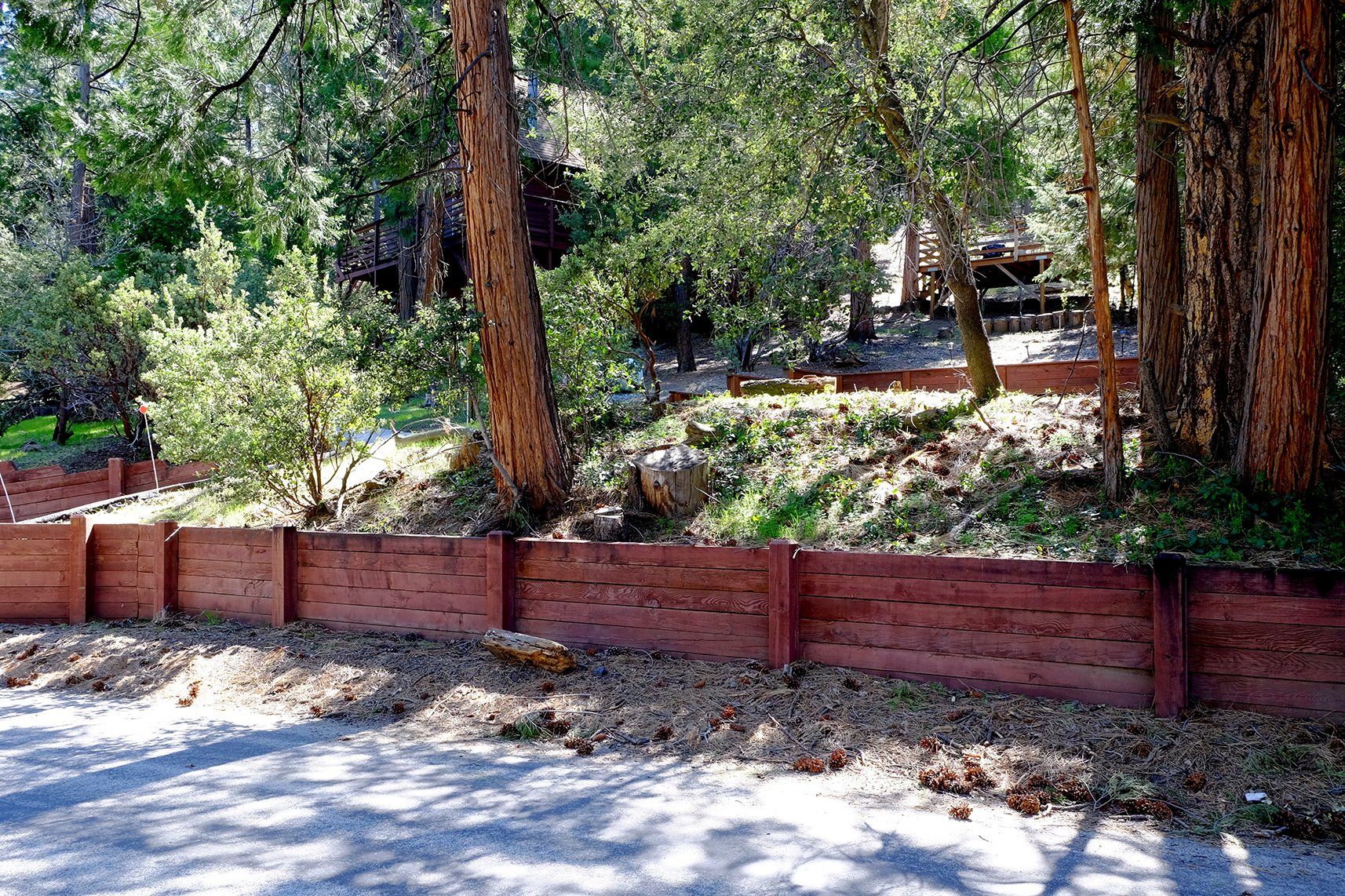 A wooden fence is surrounded by trees on the side of a road.
