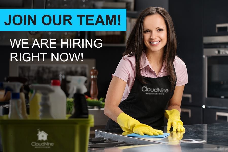 Woman cleaning a kitchen counter with yellow gloves, ad for CloudNine Home Services,