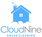 CloudNine House Cleaning logo: Blue house with chimney and sparkles. Blue "CloudNine" text, gray "House Cleaning" text.