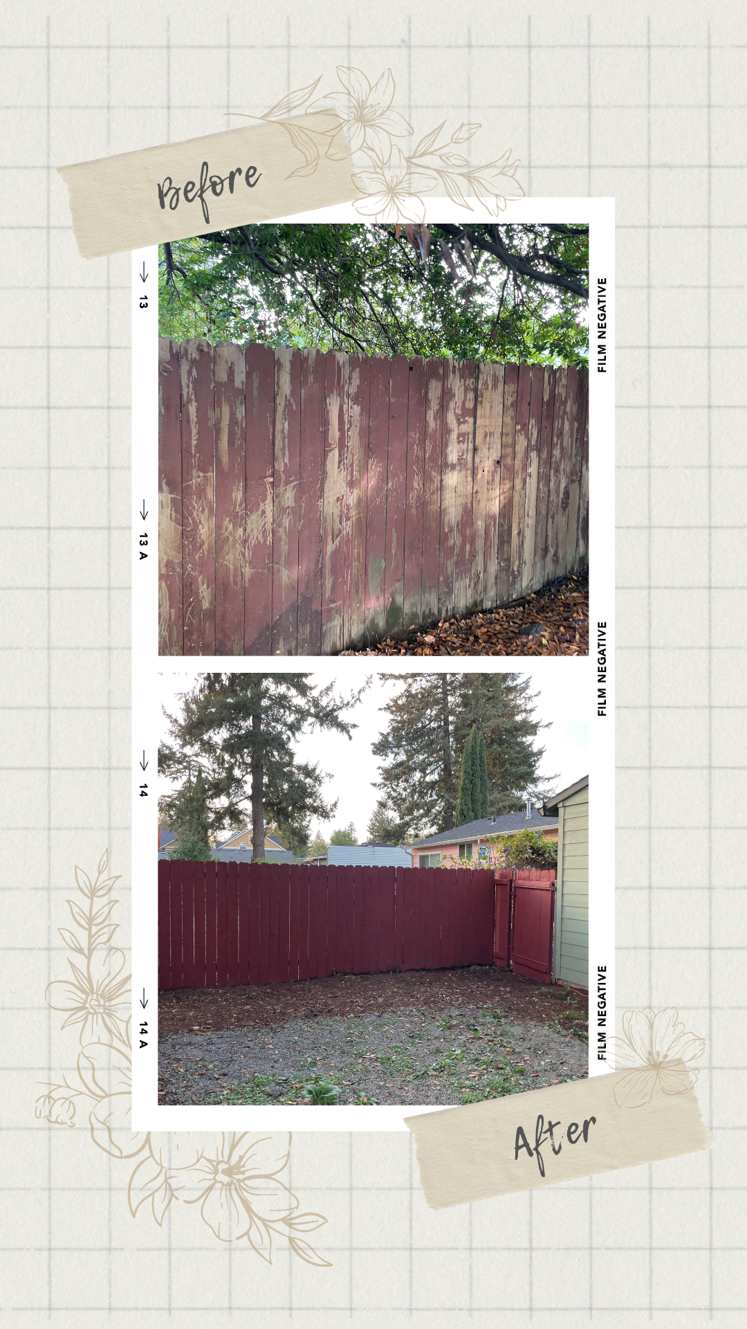 A before and after photo of a wooden fence.