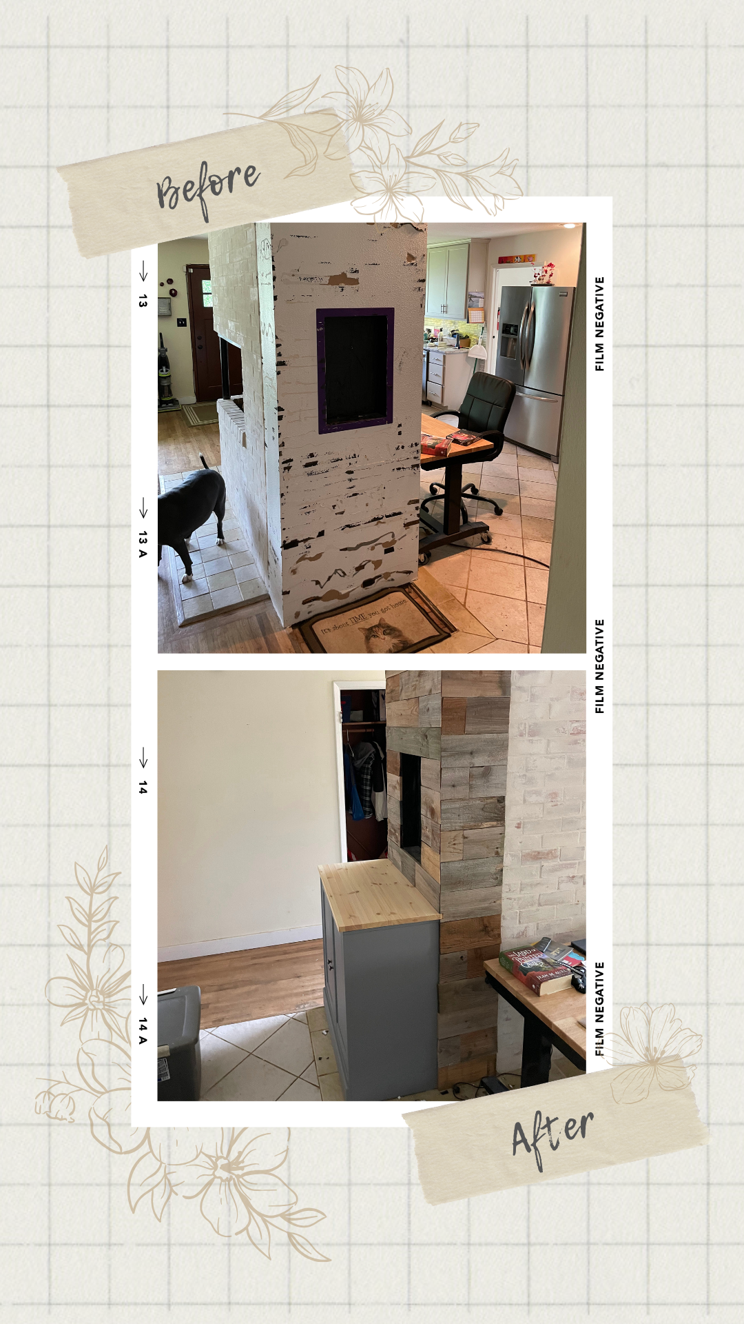 A before and after photo of a kitchen with a dog.