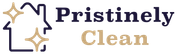 Stylized “Pristinely Clean” logo in navy and gold with sparkles and a house outline