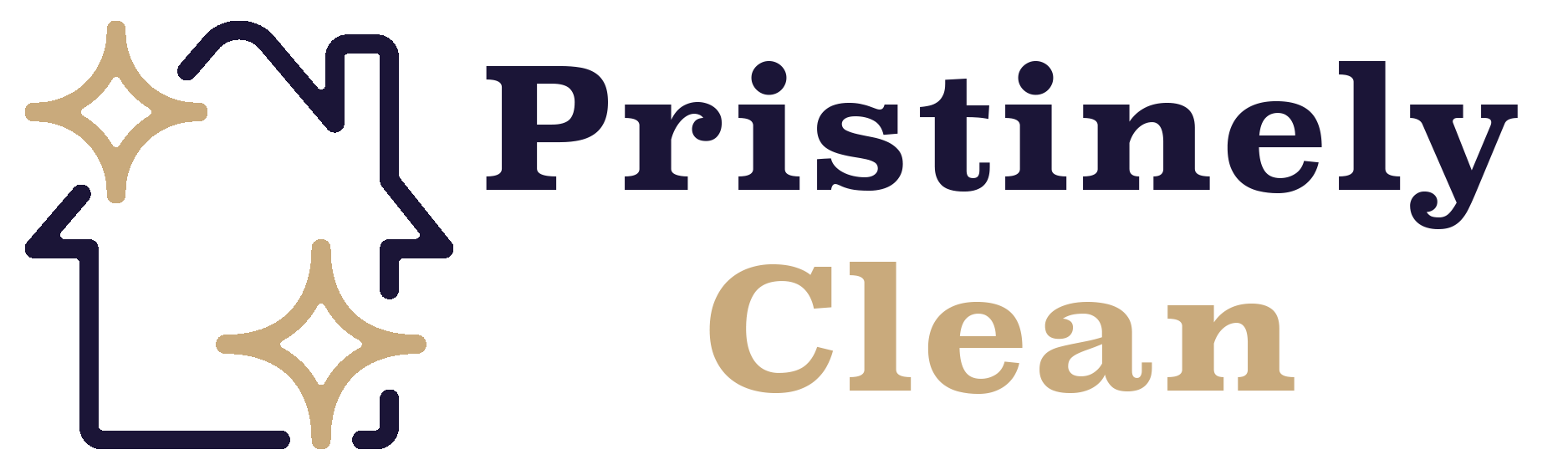 Stylized &ldquo;Pristinely Clean&rdquo; logo in navy and gold with sparkles and a house outline