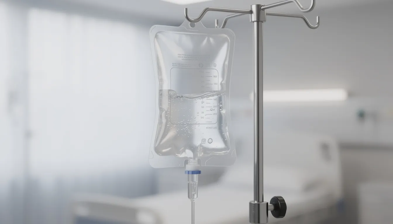 An IV bag filled with clear fluid is suspended from a portable stand, illustrating the process of mobile IV therapy, which delivers essential nutrients directly into the bloodstream for immediate absorption and hydration. This setup is commonly used by healthcare providers to support overall health and wellness needs.