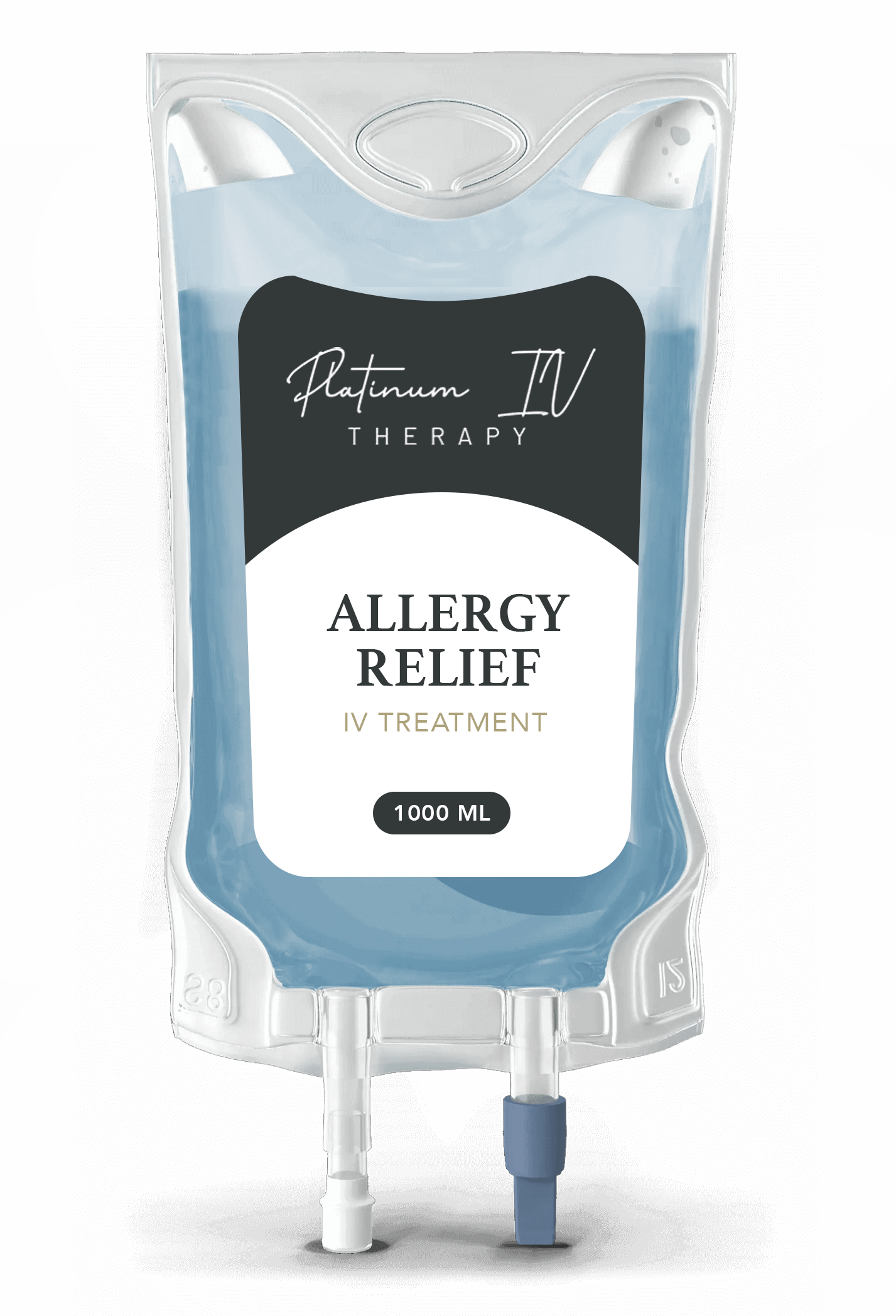A bag of allergy relief is sitting on a table.