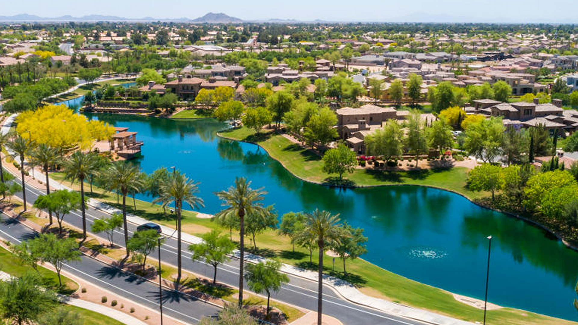 An aerial view of a lake surrounded by trees and houses in a residential area.