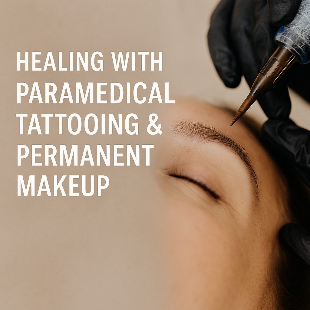 A woman is getting a tattoo on her eyebrow.