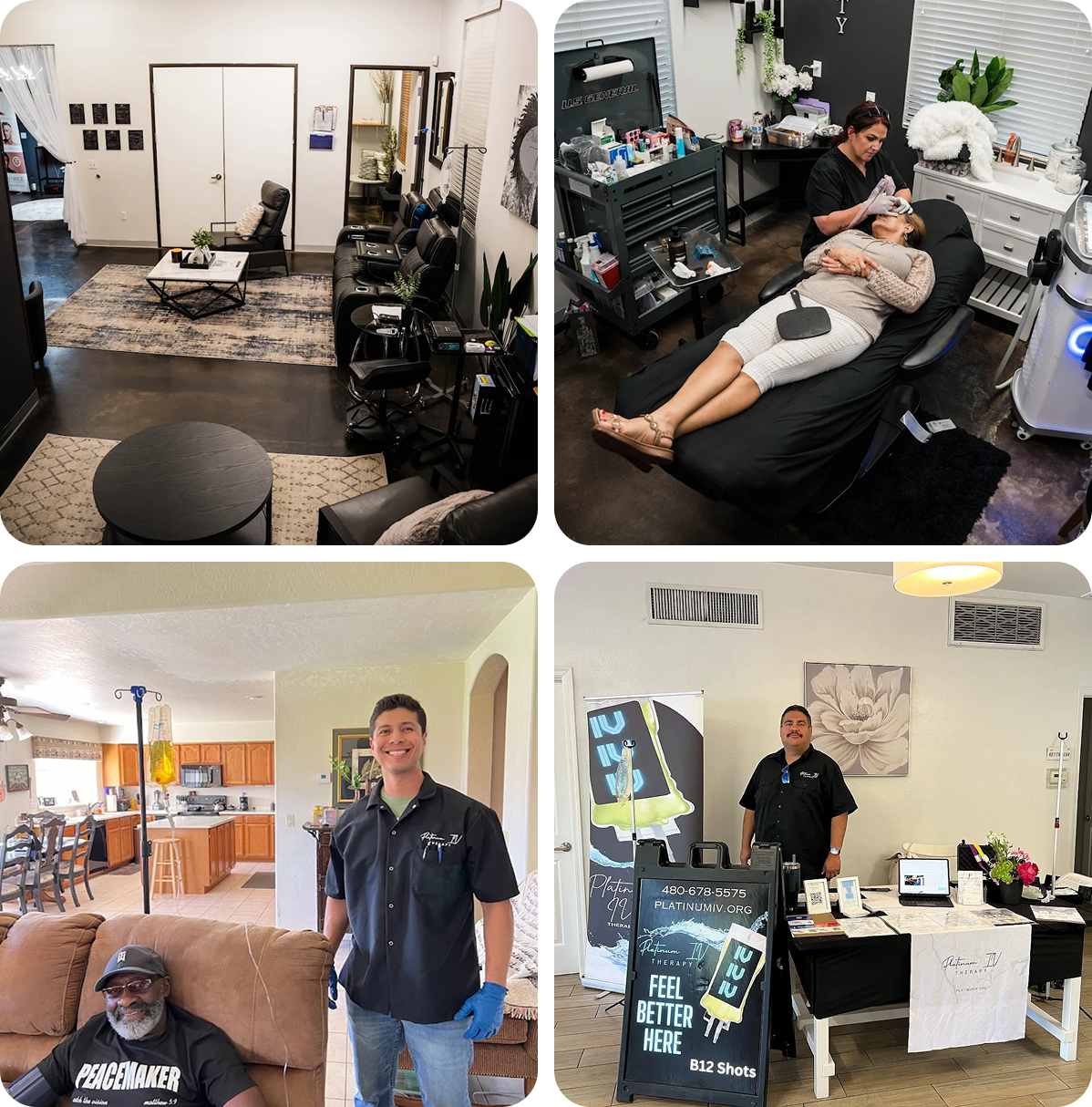 A collage of four pictures shows people in different rooms