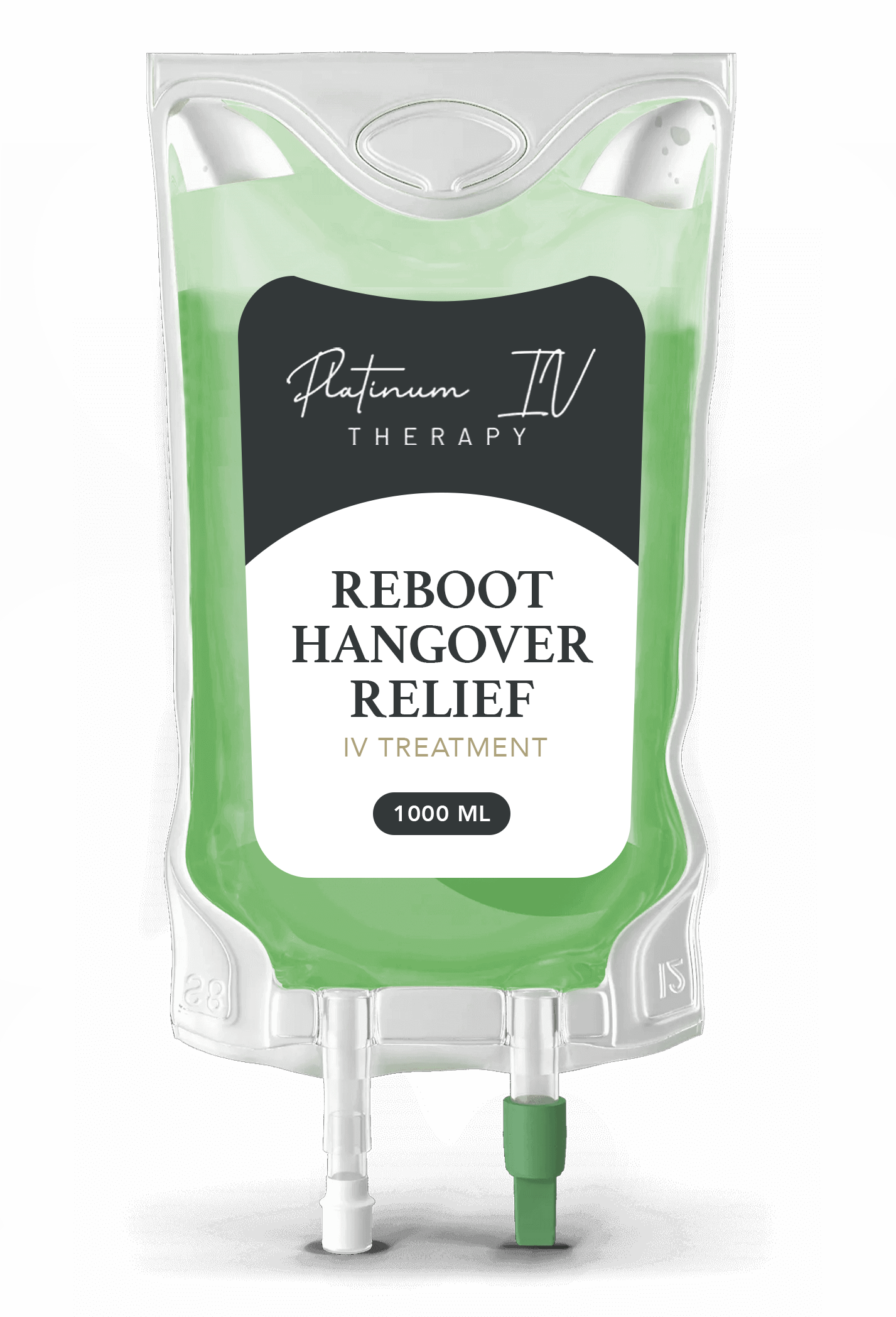 A bag of reboot hangover relief is sitting on a table.