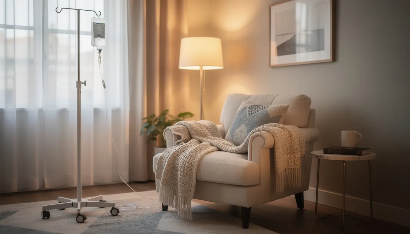 A cozy living room features a comfortable armchair draped with blankets, alongside an IV stand ready for mobile IV therapy. This setup highlights the convenience of receiving IV hydration and essential nutrients in a relaxed home environment, promoting overall health and wellness.