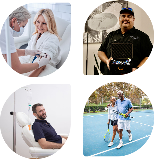 A collage of four pictures shows a woman getting an injection a man holding a box and a man playing tennis