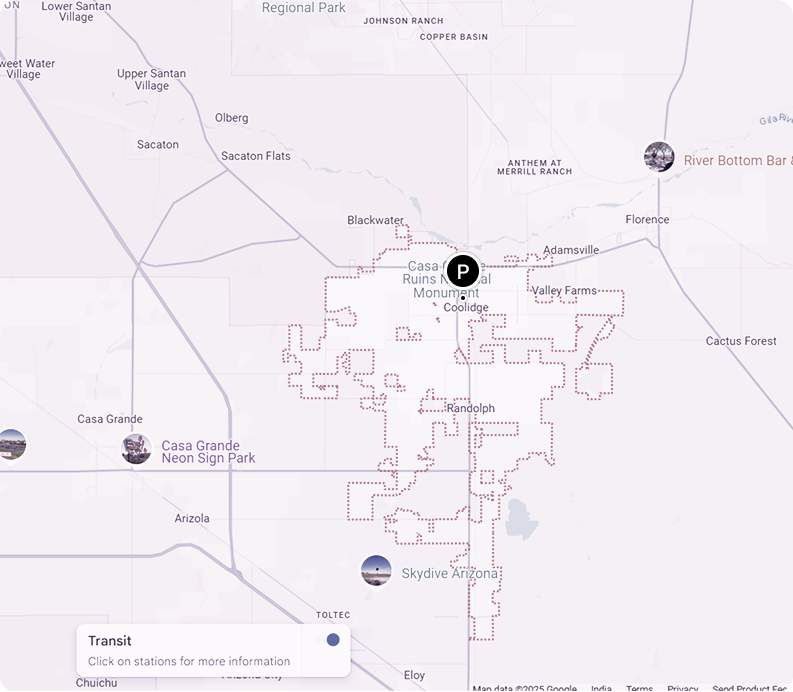 A map of a city with a black p on it