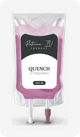 A bag of quench is sitting on a white surface.