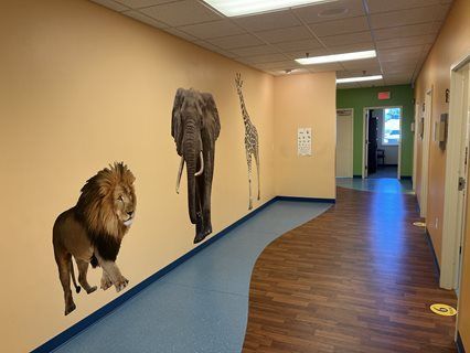 Hallway with lion, elephant, and giraffe wall decals, blue and wood flooring.