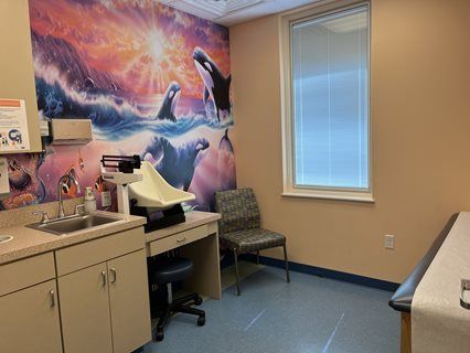 Pediatric examination room with whale mural, sink, scale, chair, and examination table.
