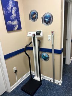 A medical scale in a room with underwater-themed wall decor, blue trim, and a blue carpet.