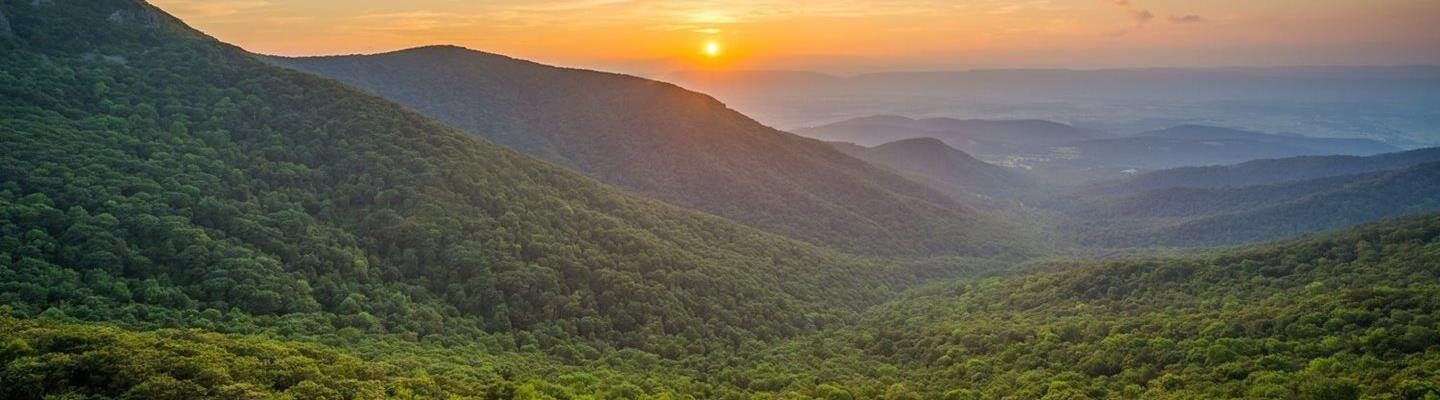 Sunset over a lush, green mountain range. Golden light bathes the peaks and valleys, creating shadows.