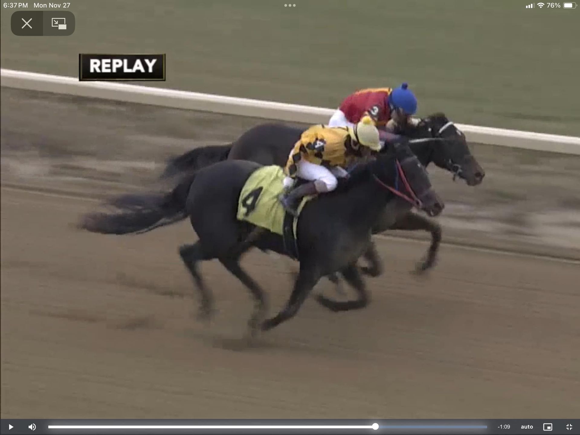 Three horses are racing on a track and the replay button is visible