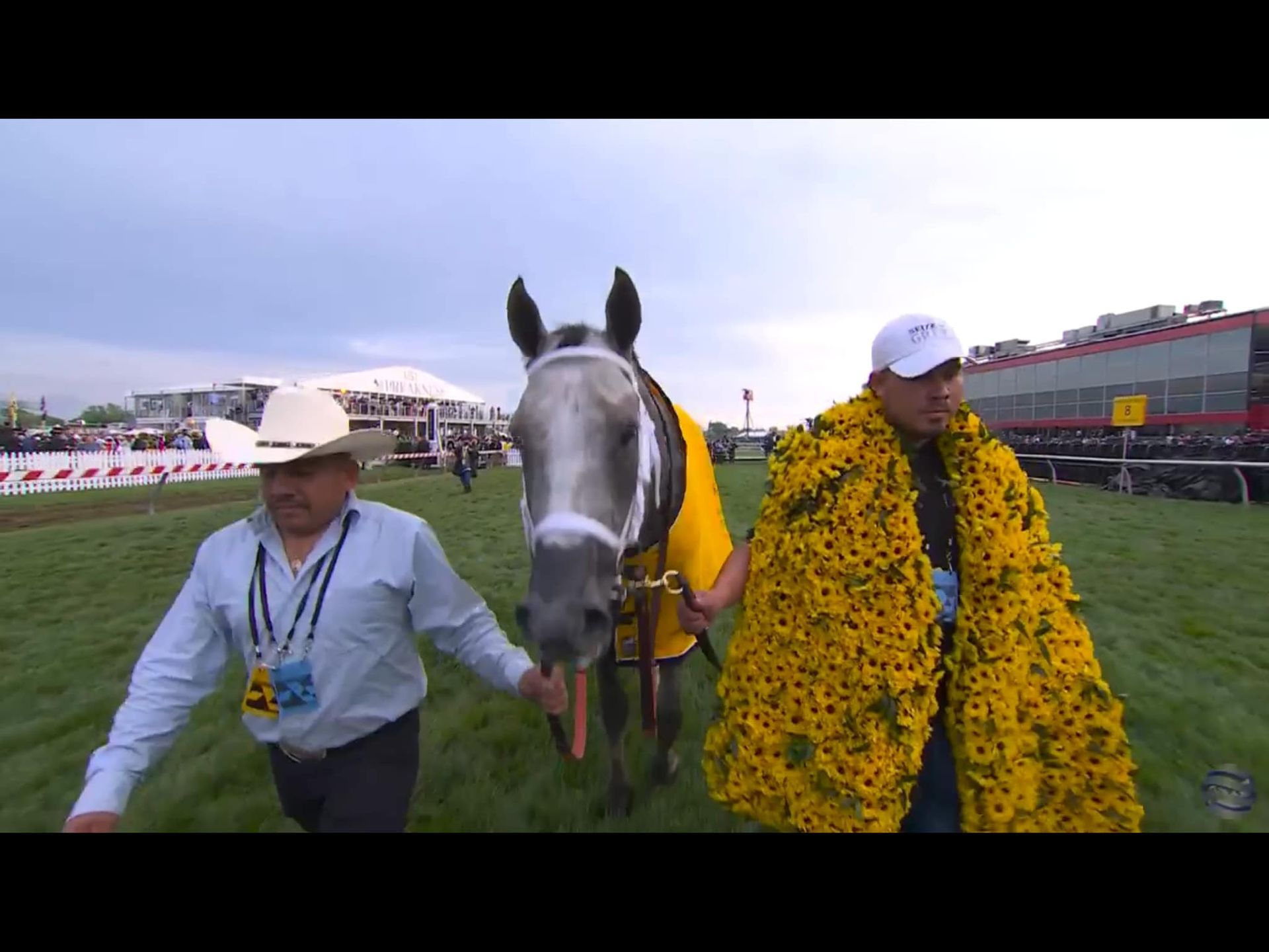 A man in a cowboy hat is walking a horse