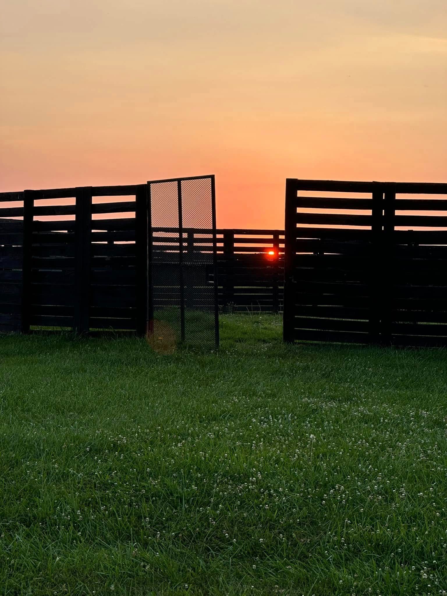 The sun is setting behind a wooden fence in a field.