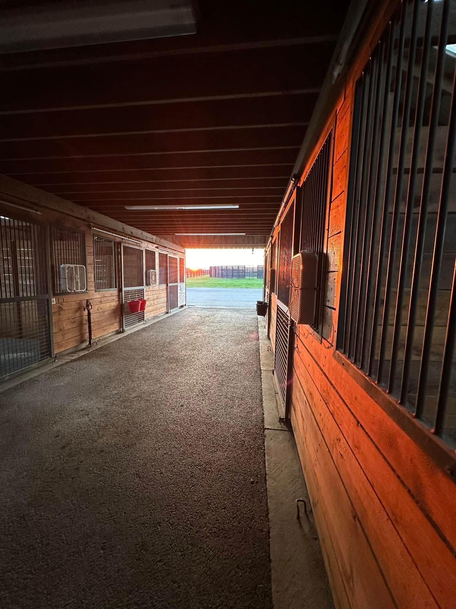 A long hallway between two wooden stables with a lot of windows.