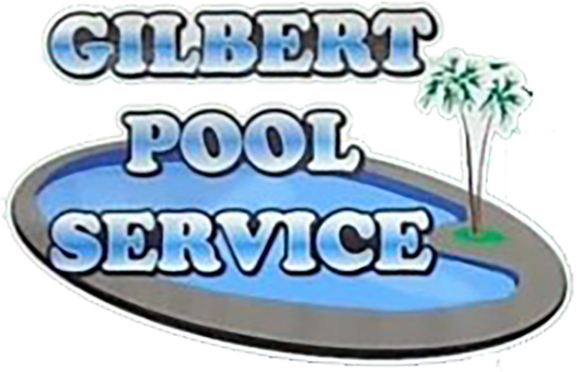 Gilbert Pool Service logo with blue pool, palm trees, and bold white text