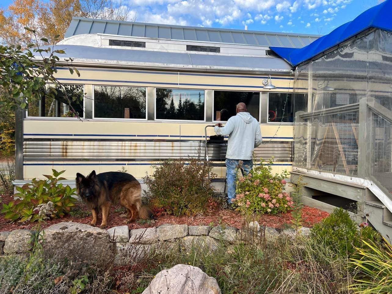 A man and a dog are standing in front of a bus.