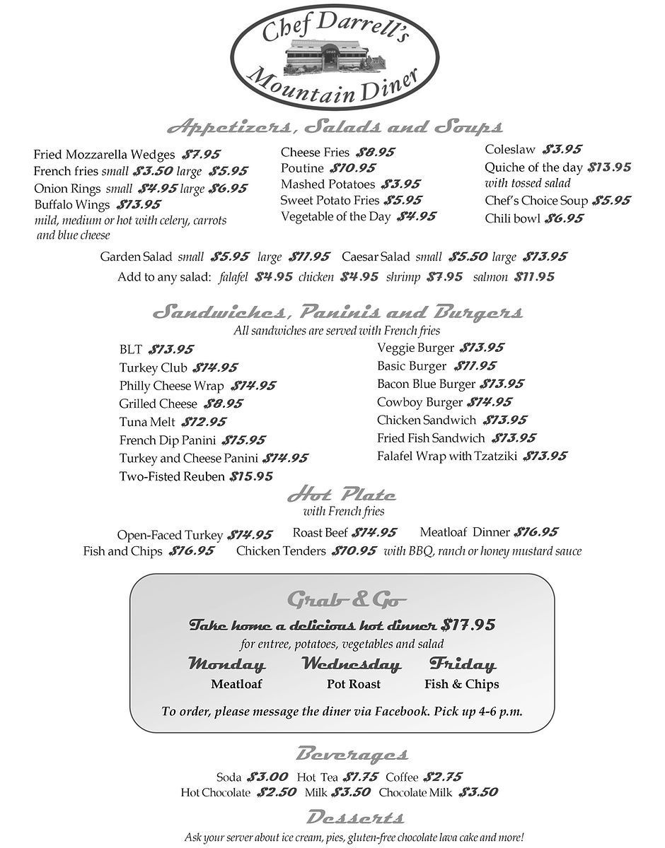 Chef Darrell's Mountain Diner Lunch or Dinner Menu