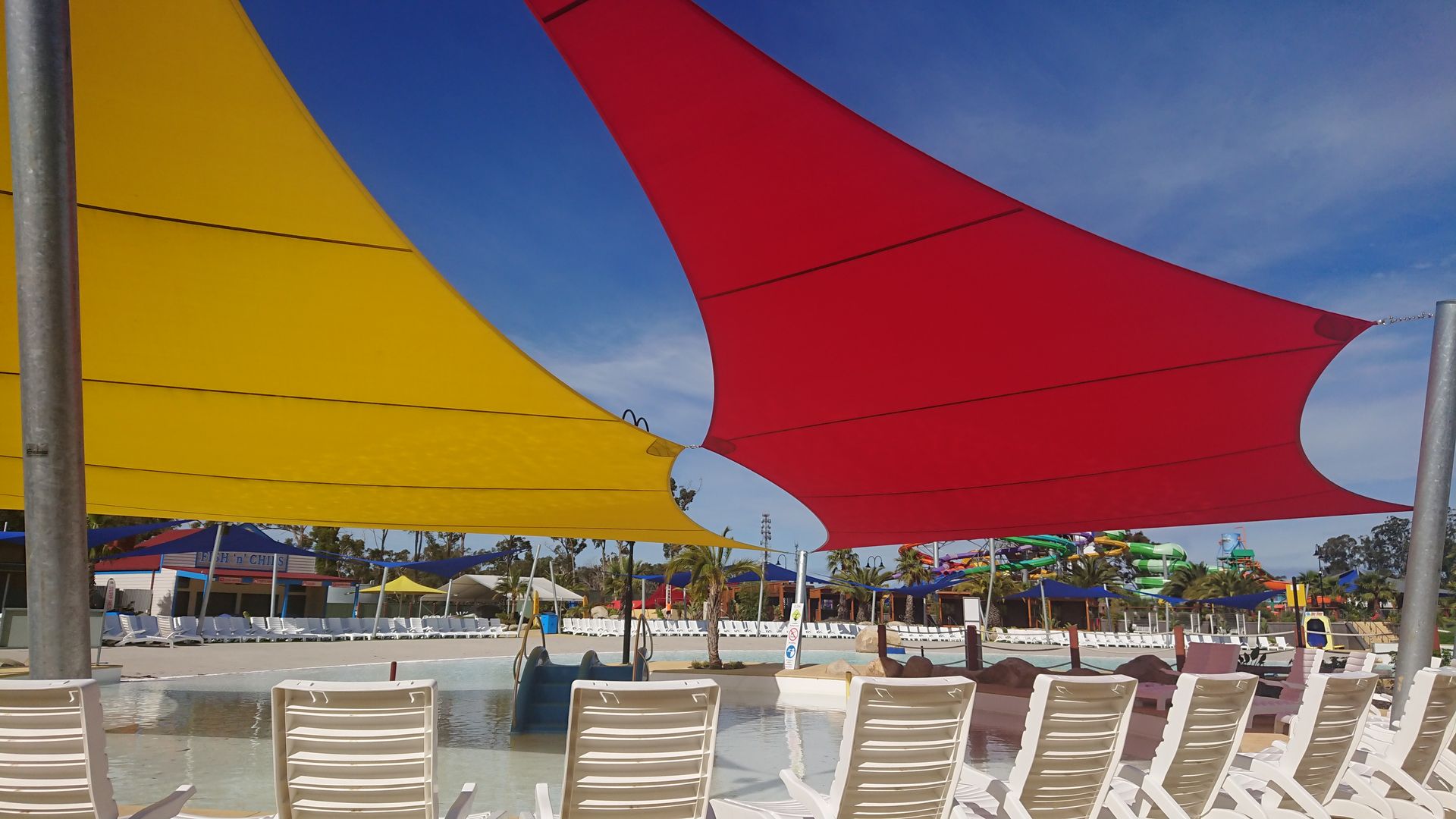 Custom Shade Sail Installation over kids pool at Gumbuya World Theme Park  | 2705 Princes Hwy, Tynong North VIC 3813 Melbourne | Sundance Shade Structures PTY LTD 