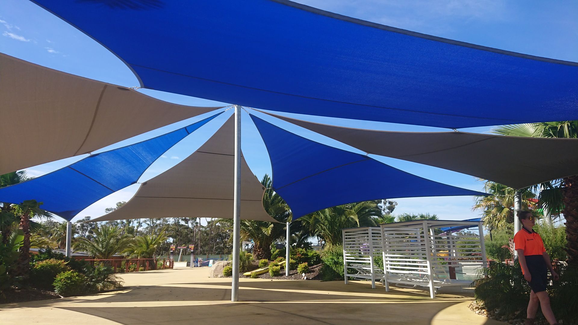 Shade Sail Installation in front of the surfs up ride at Gumbuya World Theme Park  | 2705 Princes Hwy, Tynong North VIC 3813 Melbourne | Sundance Shade Structures PTY LTD 