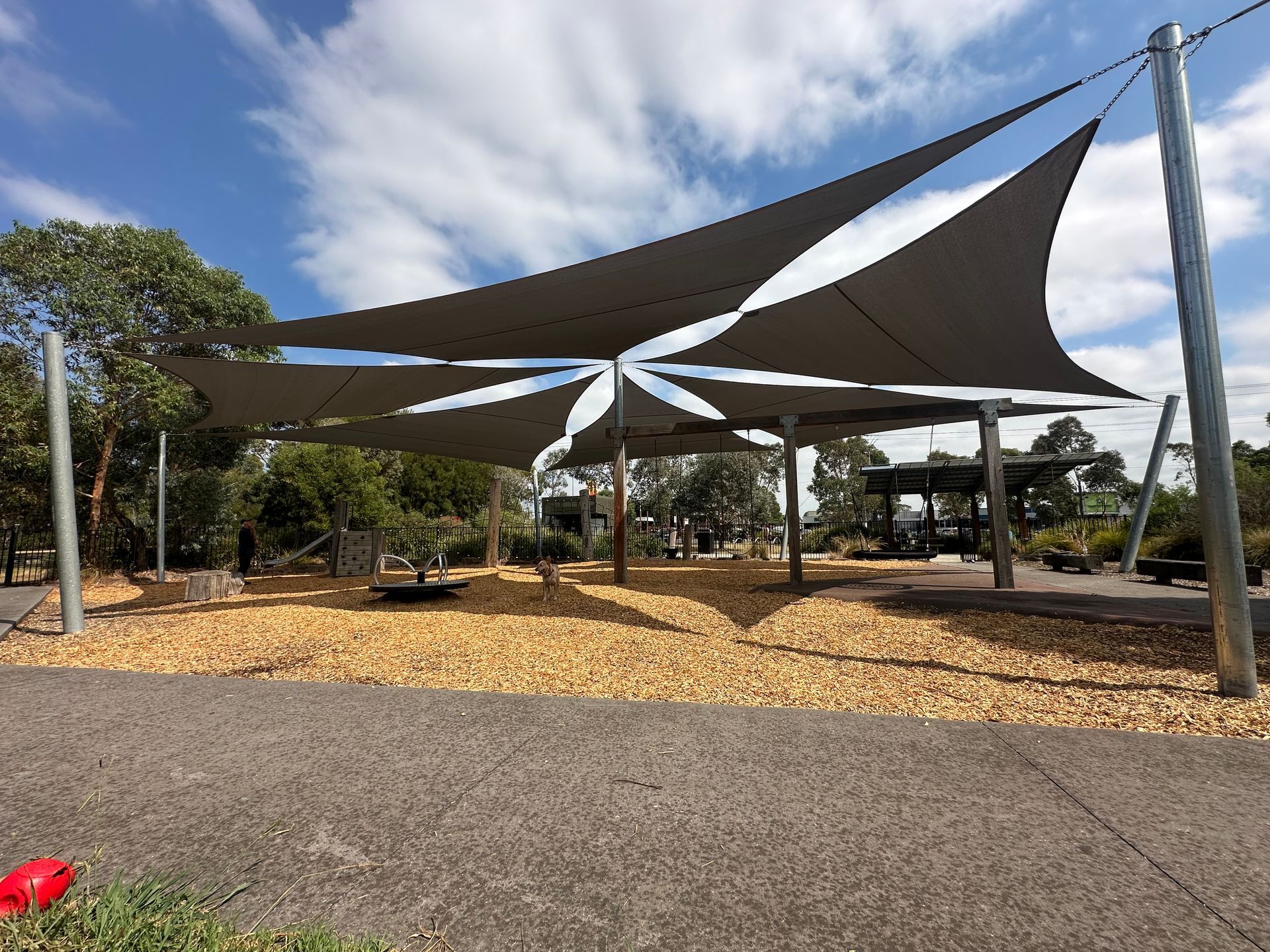 Custom-designed shade sails covering Hampton Park Reserve playground in Casey, providing sun protection for public recreational space