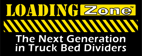 Logo for "LOADING Zone" truck bed dividers with yellow and black stripes.