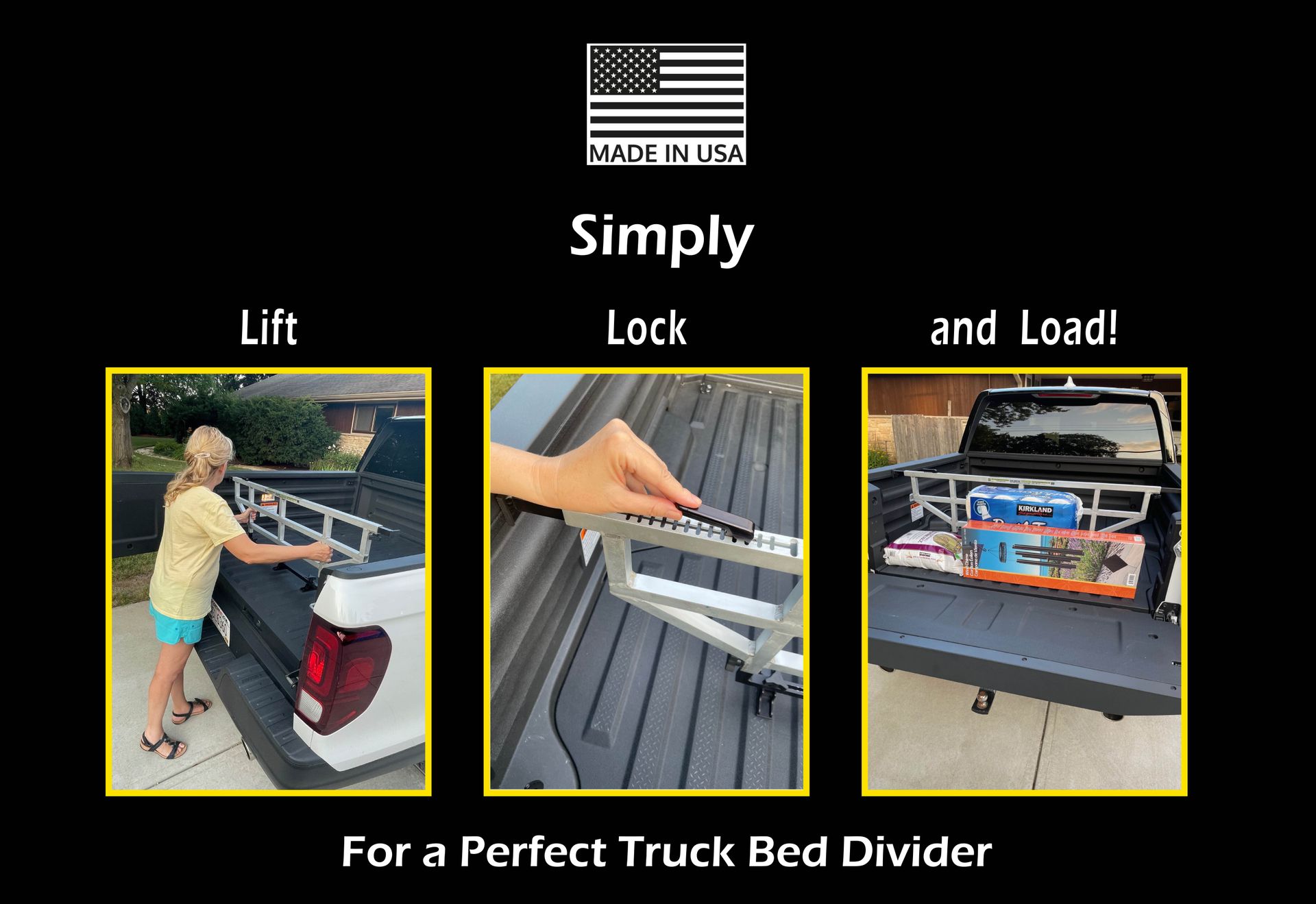 Truck bed divider demonstration: A person lifts, locks, and loads items. Black and white. 