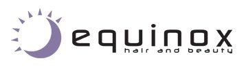 A logo for equinox hair and beauty with a crescent moon in the middle.