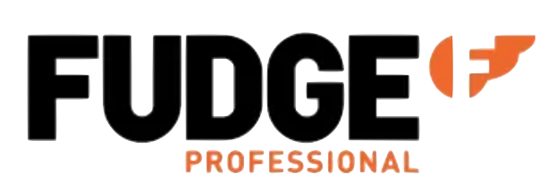 A black and orange logo for fudge professional