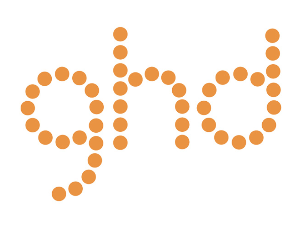 The word ghd is made up of orange dots on a white background