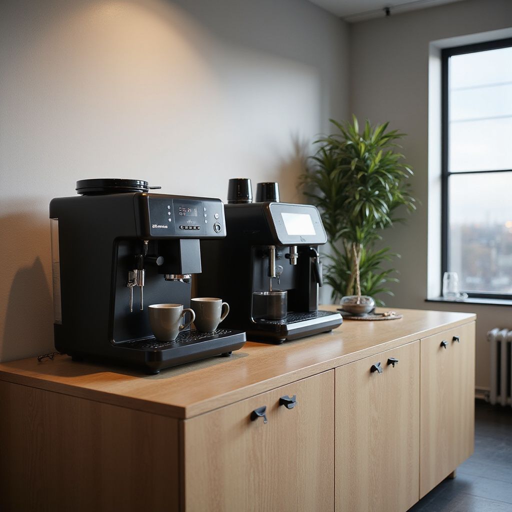 Two black coffee machines sit on a light wood cabinet next to a small green plant by a window in a modern office space.