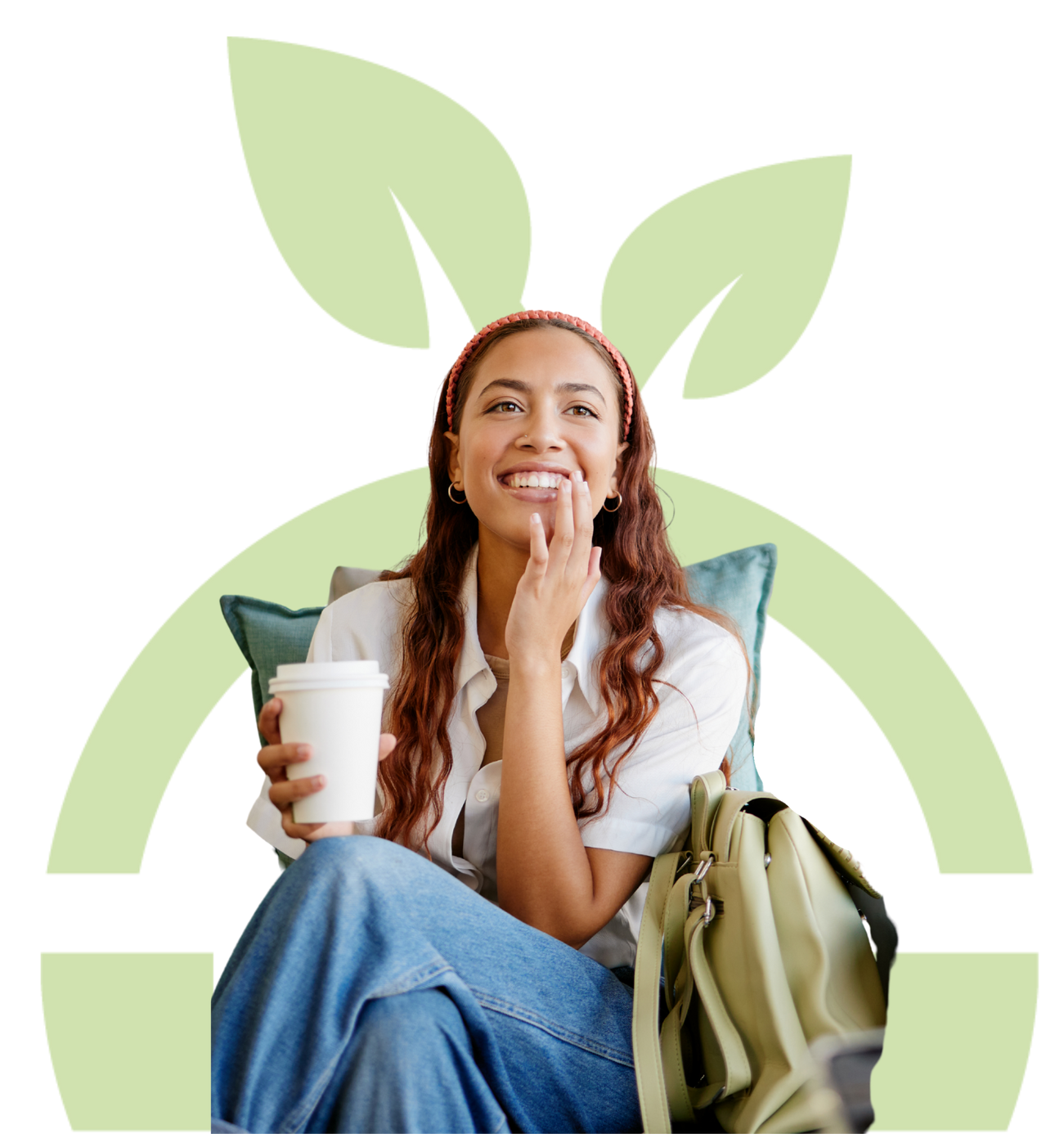 A person with long wavy hair holds a coffee cup and smiles while seated, set against a light green abstract leaf graphic.