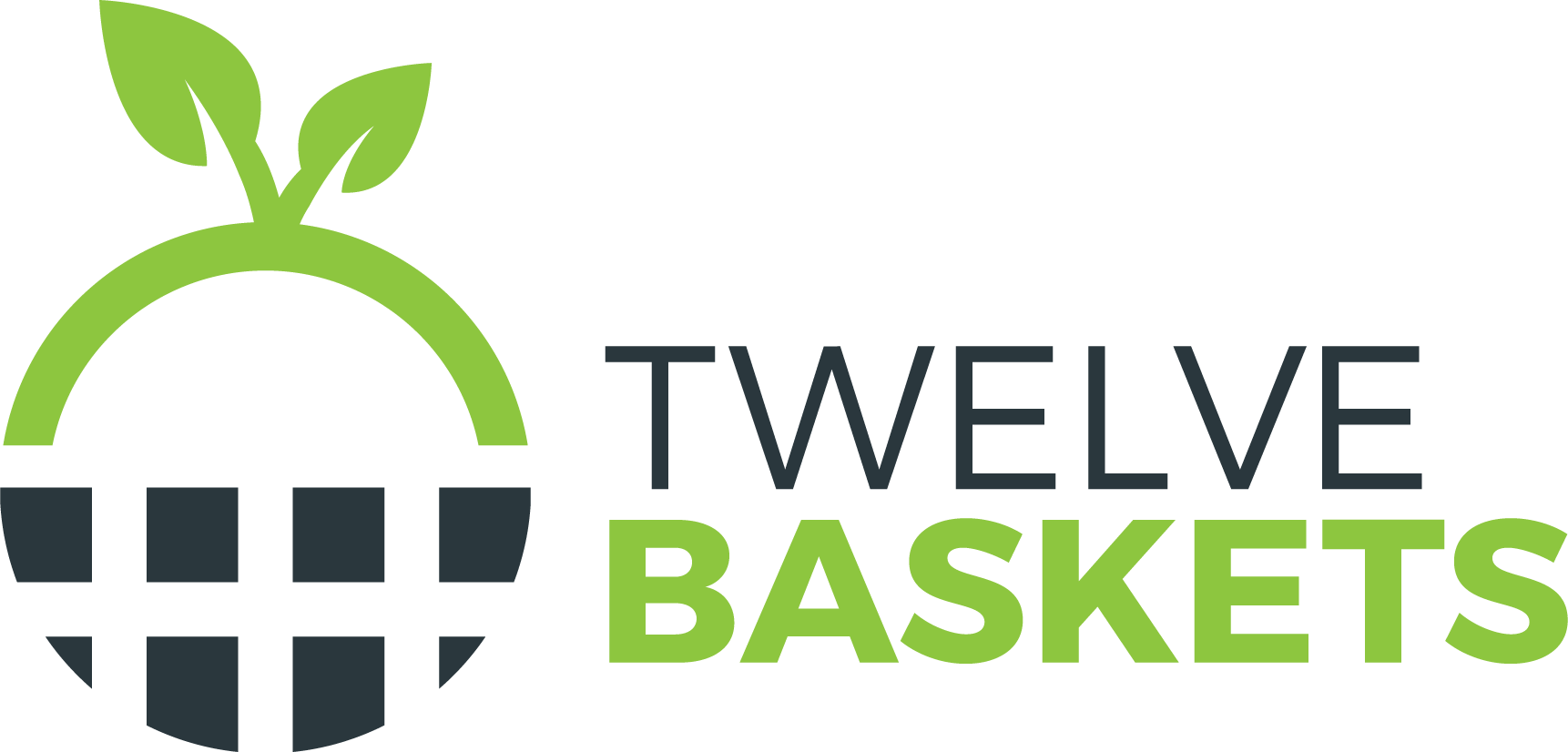 Logo for Twelve Baskets: a stylized dark gray basket with a green handle and two green leaves on top.