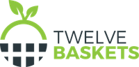 Logo for Twelve Baskets: a stylized dark gray basket with a green handle and two green leaves on top.