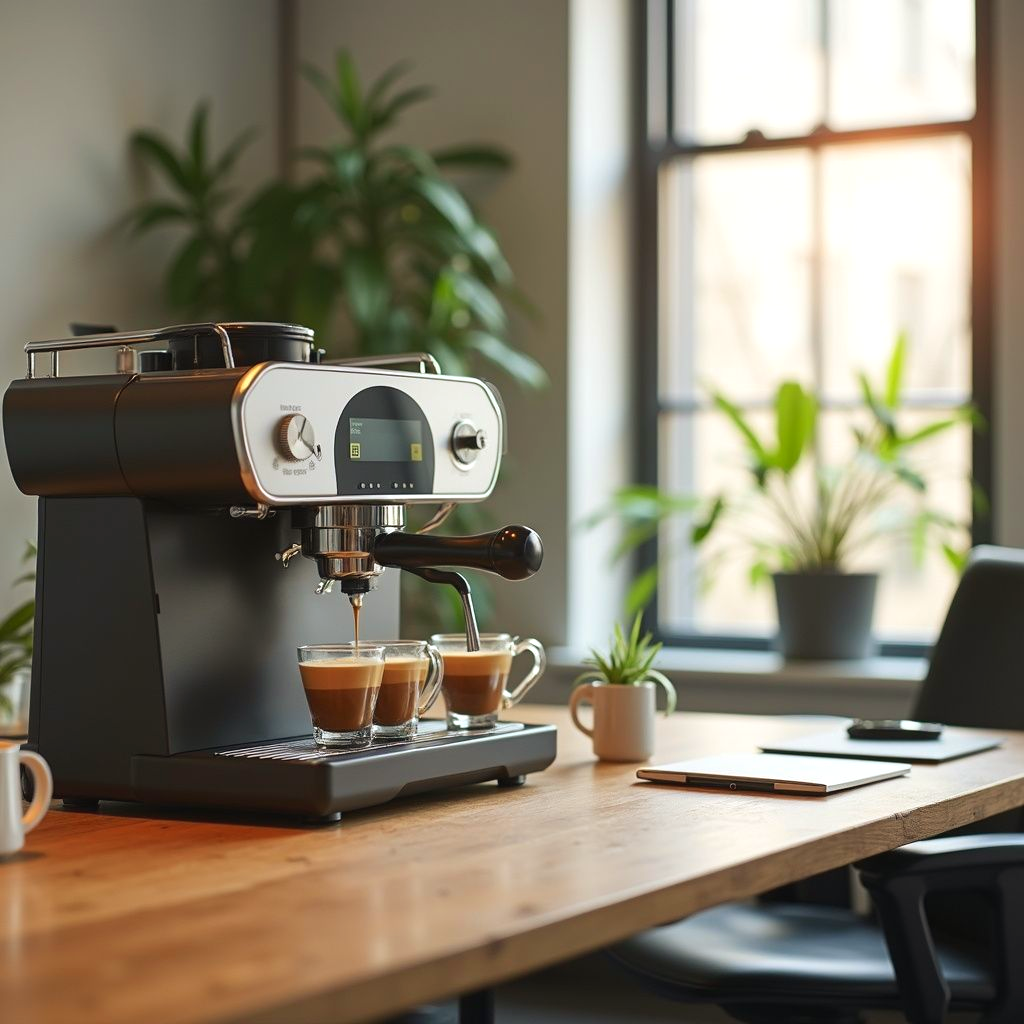 A black espresso machine on a wooden desk, brewing coffee into two small glass cups in a sunlit home office.