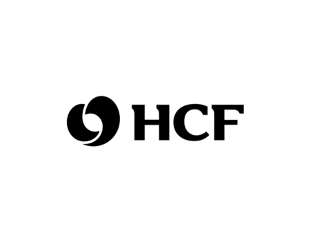 A black and white logo for hcf on a white background.