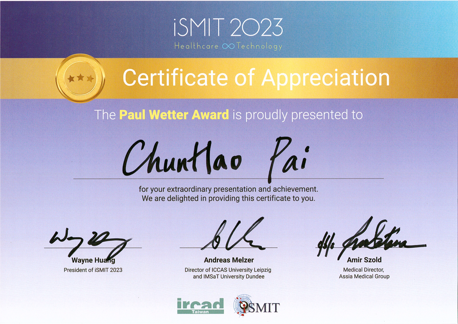 Vigeon Winner of the Paul Wetter Award at iSMIT 2023