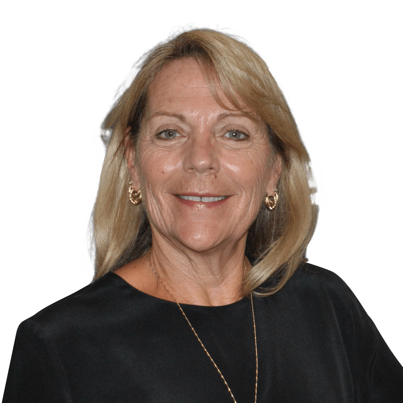 A woman wearing a black shirt and gold earrings smiles for the camera