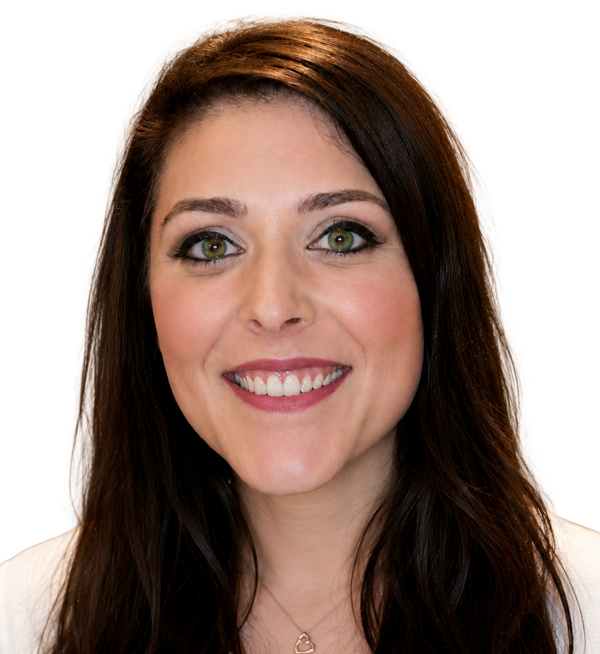 A woman with long brown hair is smiling and wearing a black shirt