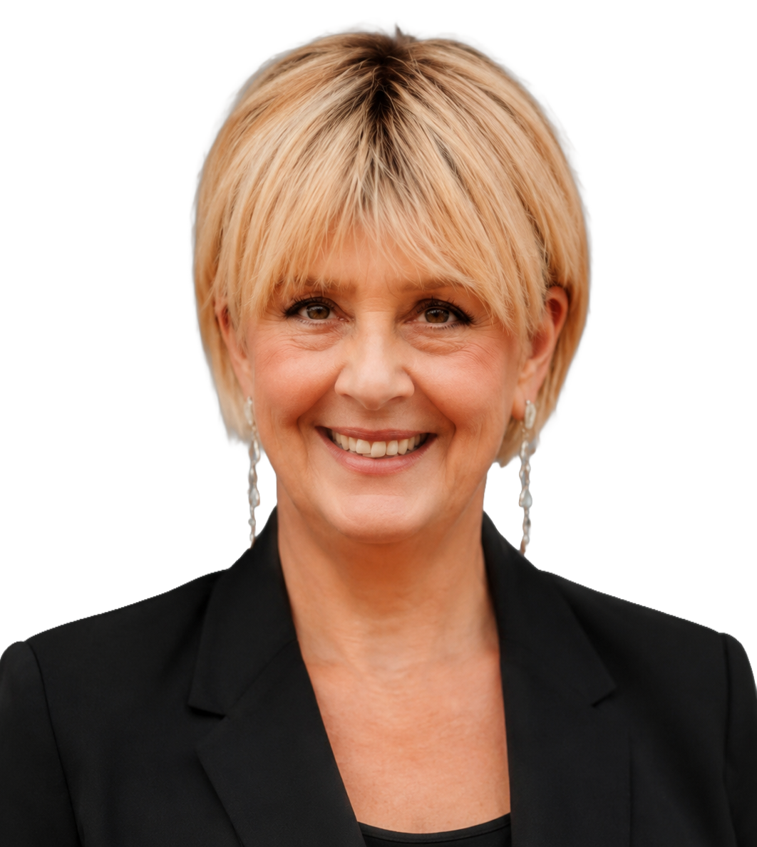A woman with blonde hair is wearing a black shirt and earrings