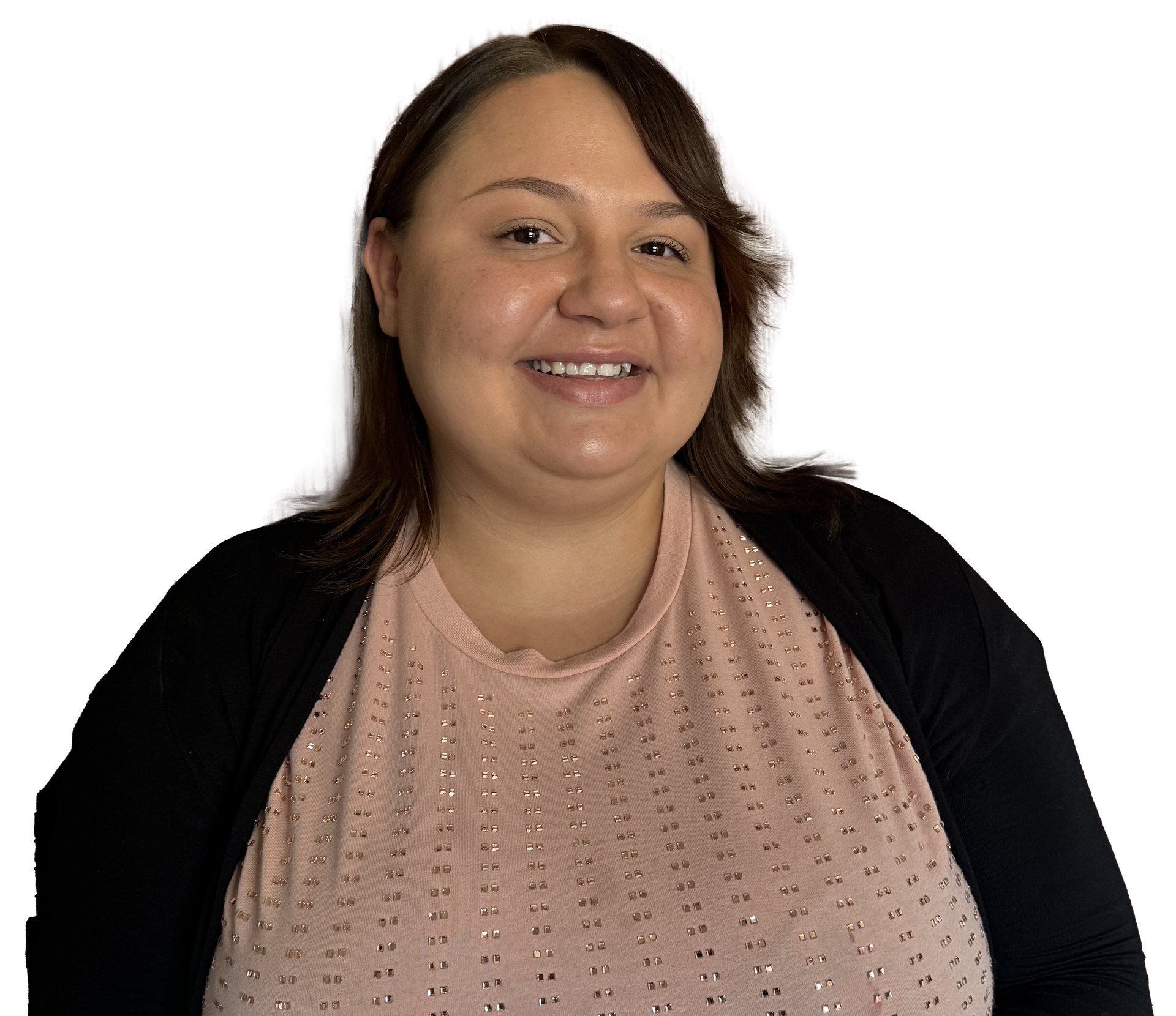 A woman wearing a black shirt and a necklace is smiling.