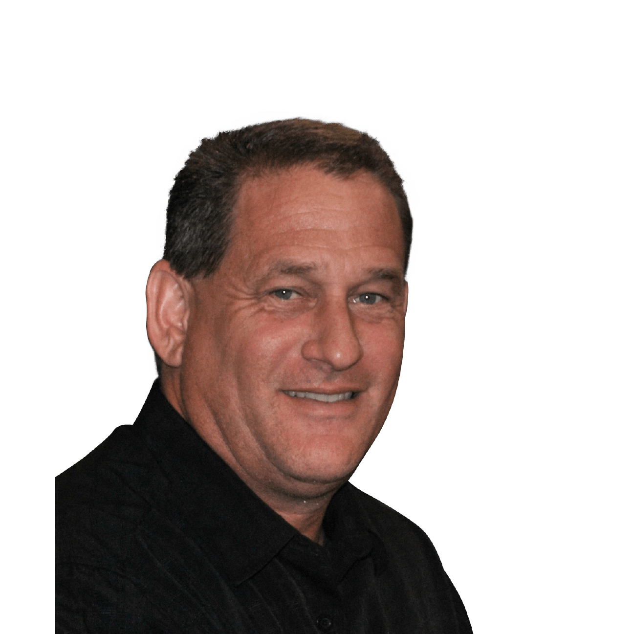 A man in a black shirt is smiling for the camera