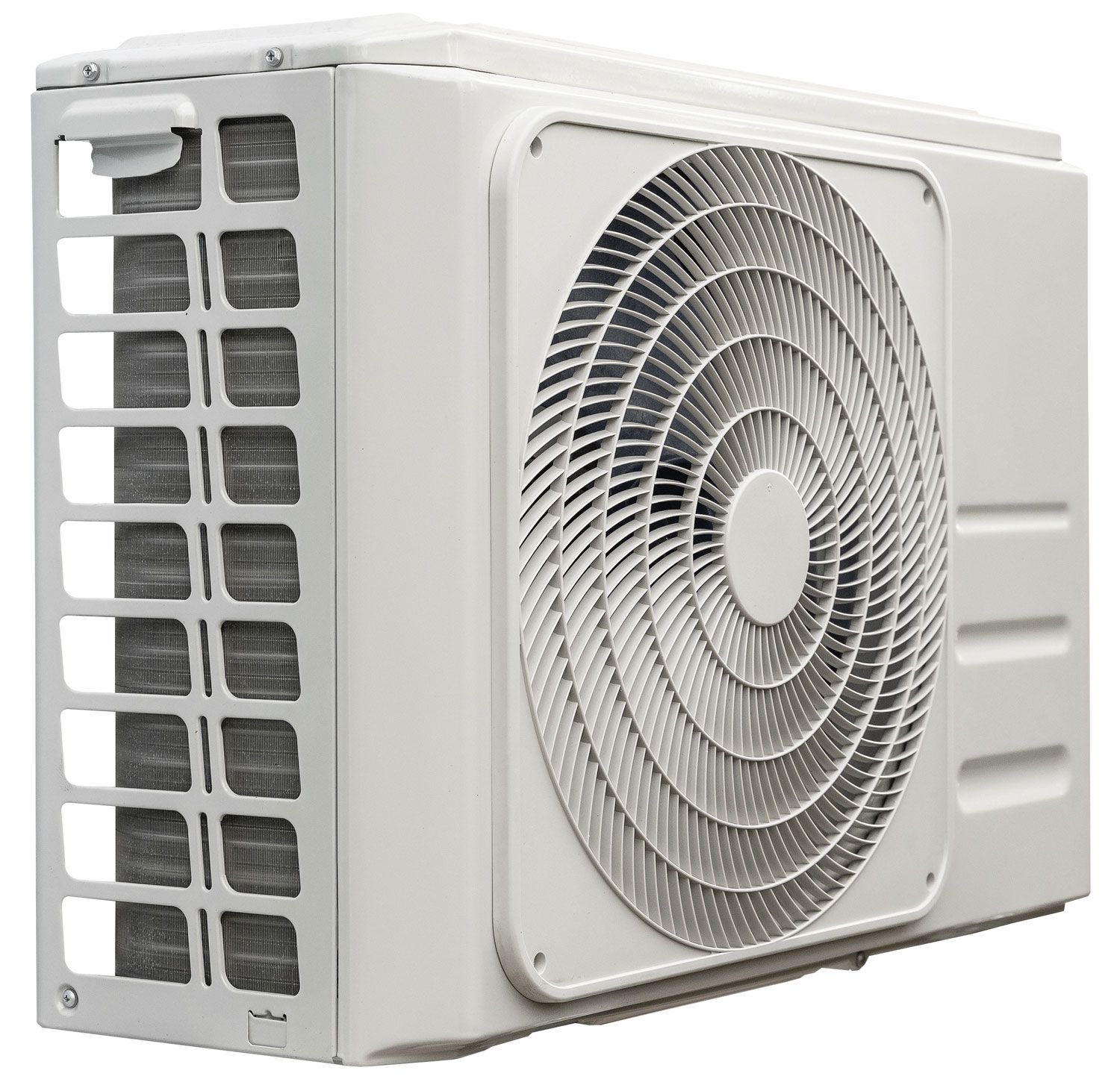 White air conditioning unit with fan and cooling fins.